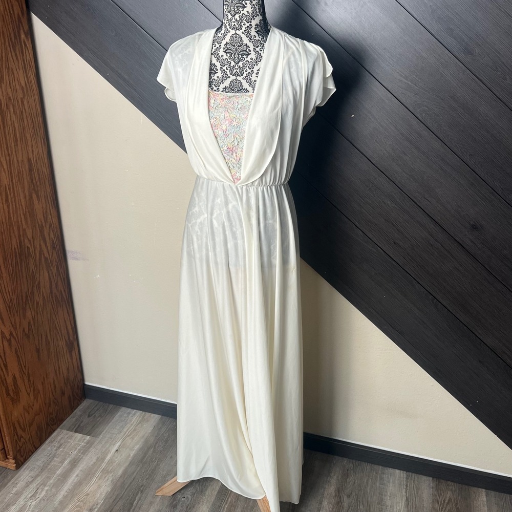 Vintage 70s Union Made S/M Maxi Dress Ivory Lace Insert Empire Waist Boho